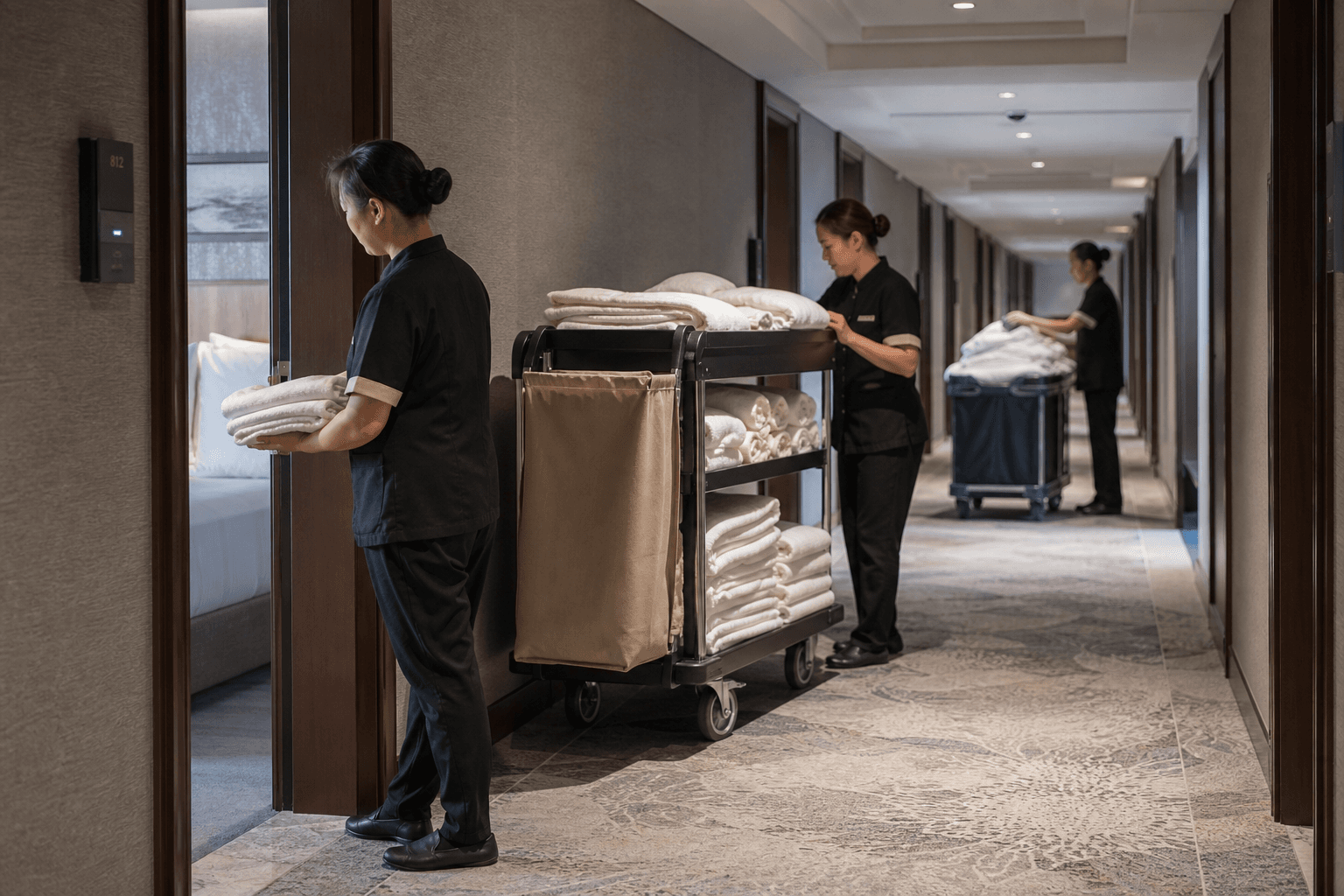 Hospitality professionals coordinating workforce and operations priorities