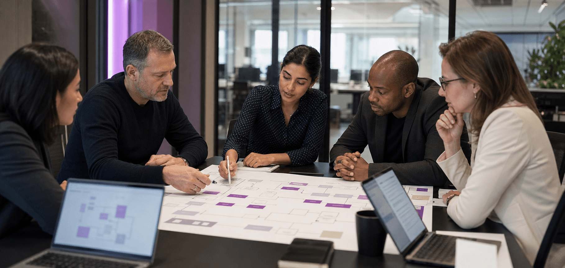 AI automation workflow redesign meeting in a modern office