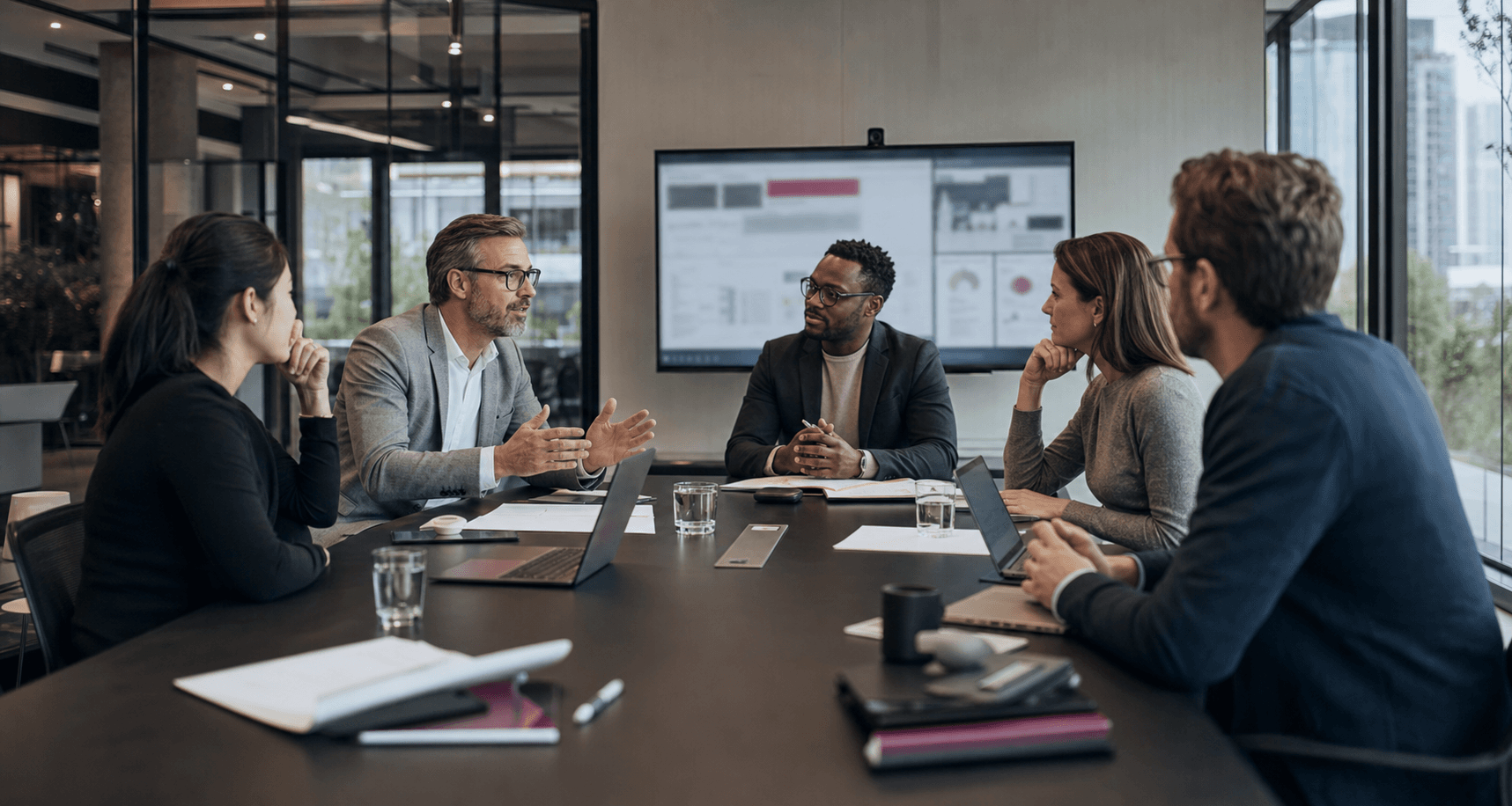 AI services strategy planning meeting in a modern enterprise workspace