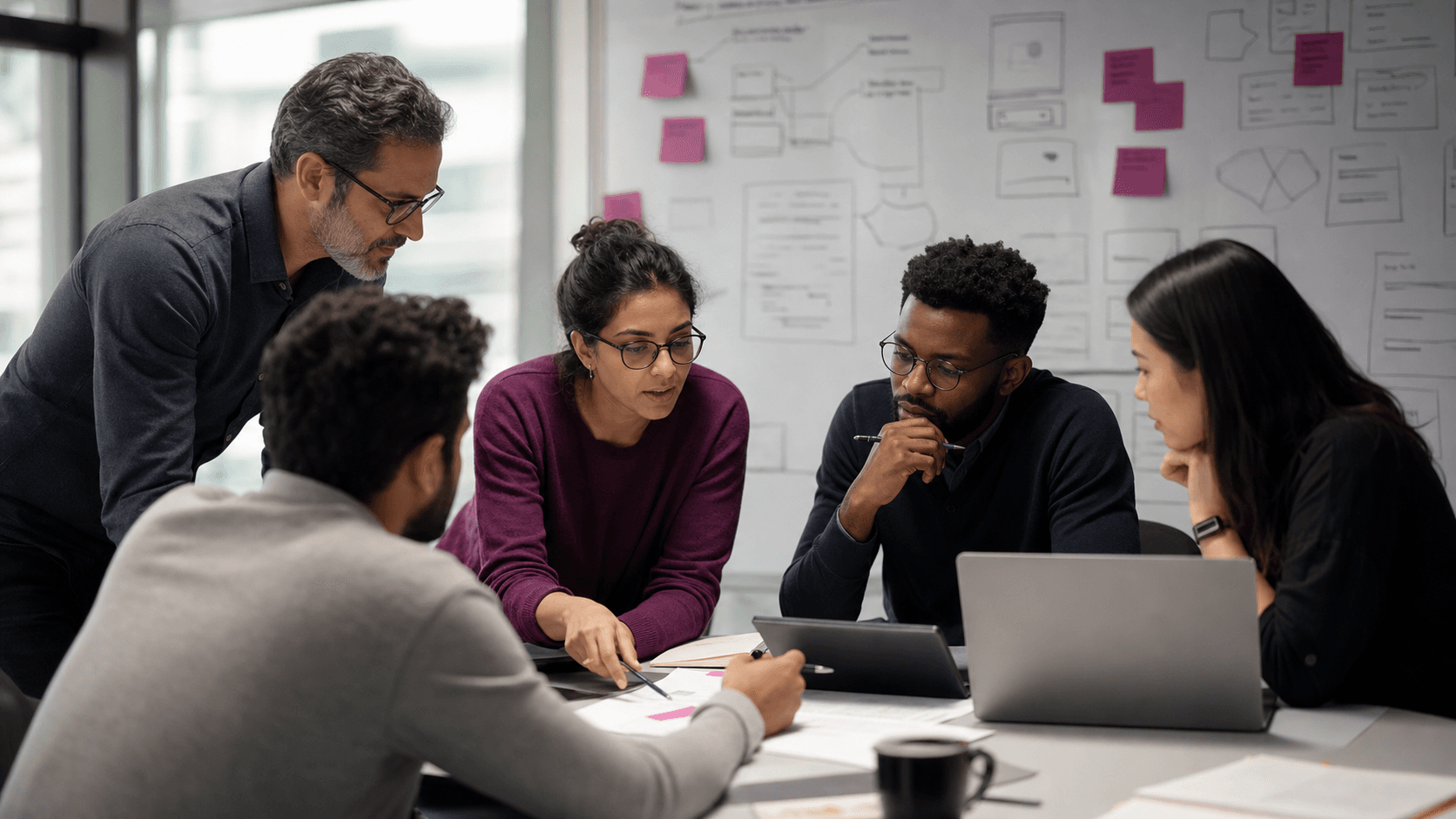 Software delivery team discussing sprint planning and architecture