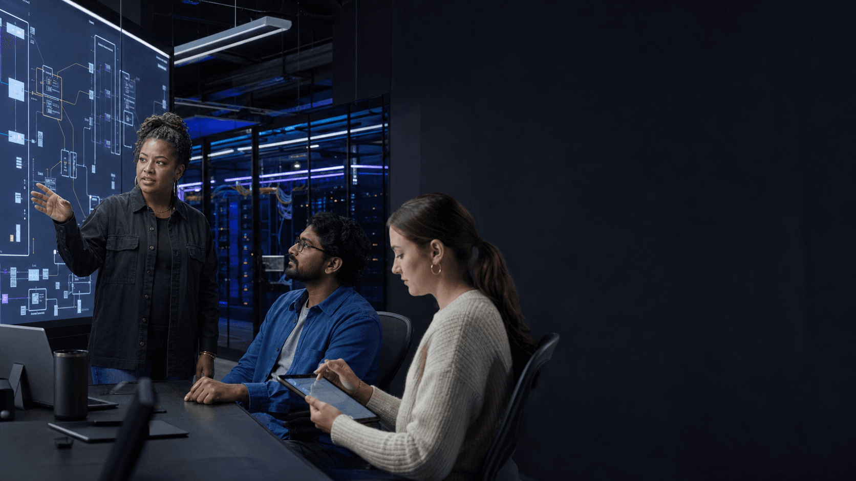Technology professionals reviewing systems together