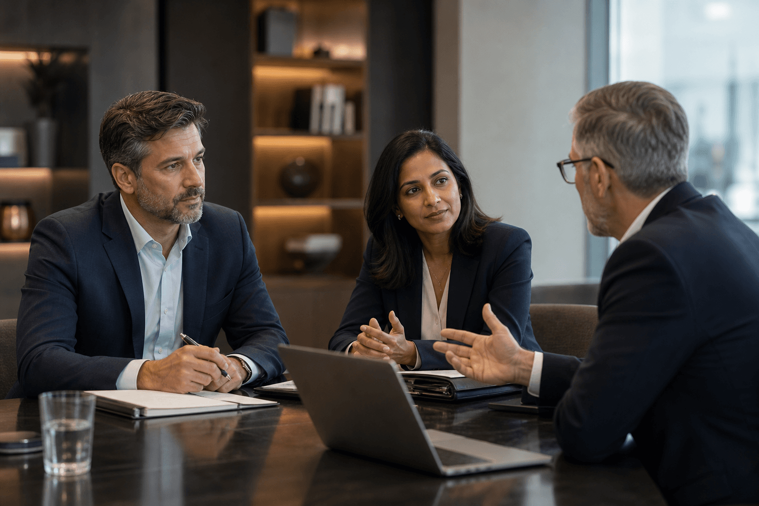 Managers discussing team priorities in a meeting