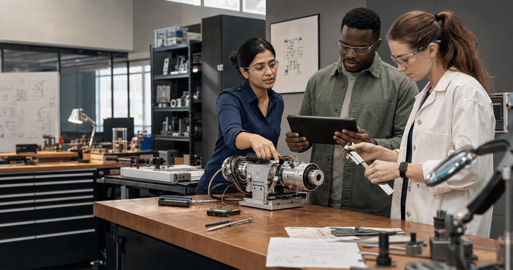 Applied engineering team validating an industrial robotic actuator prototype