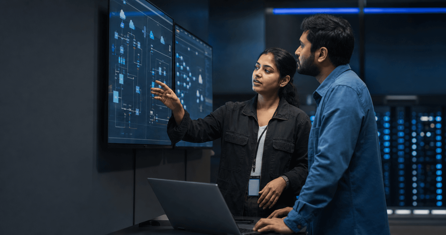 Cloud platform engineers coordinating infrastructure delivery in a modern network operations room