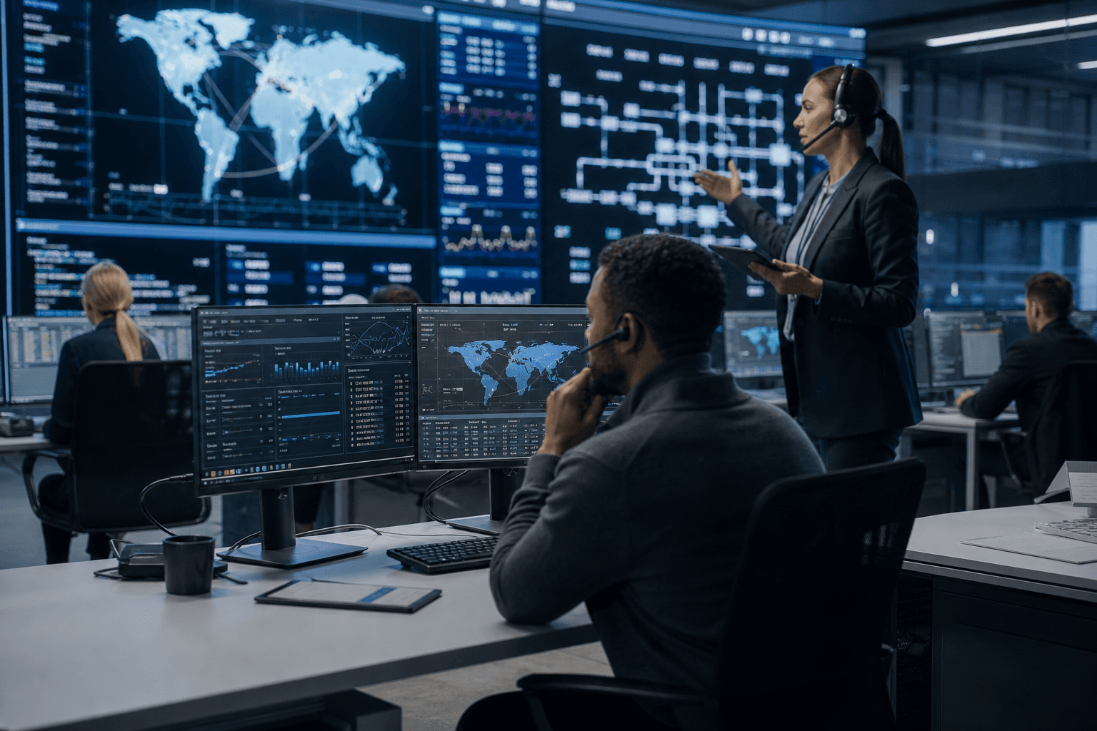 Enterprise operations team coordinating back-office workflow
