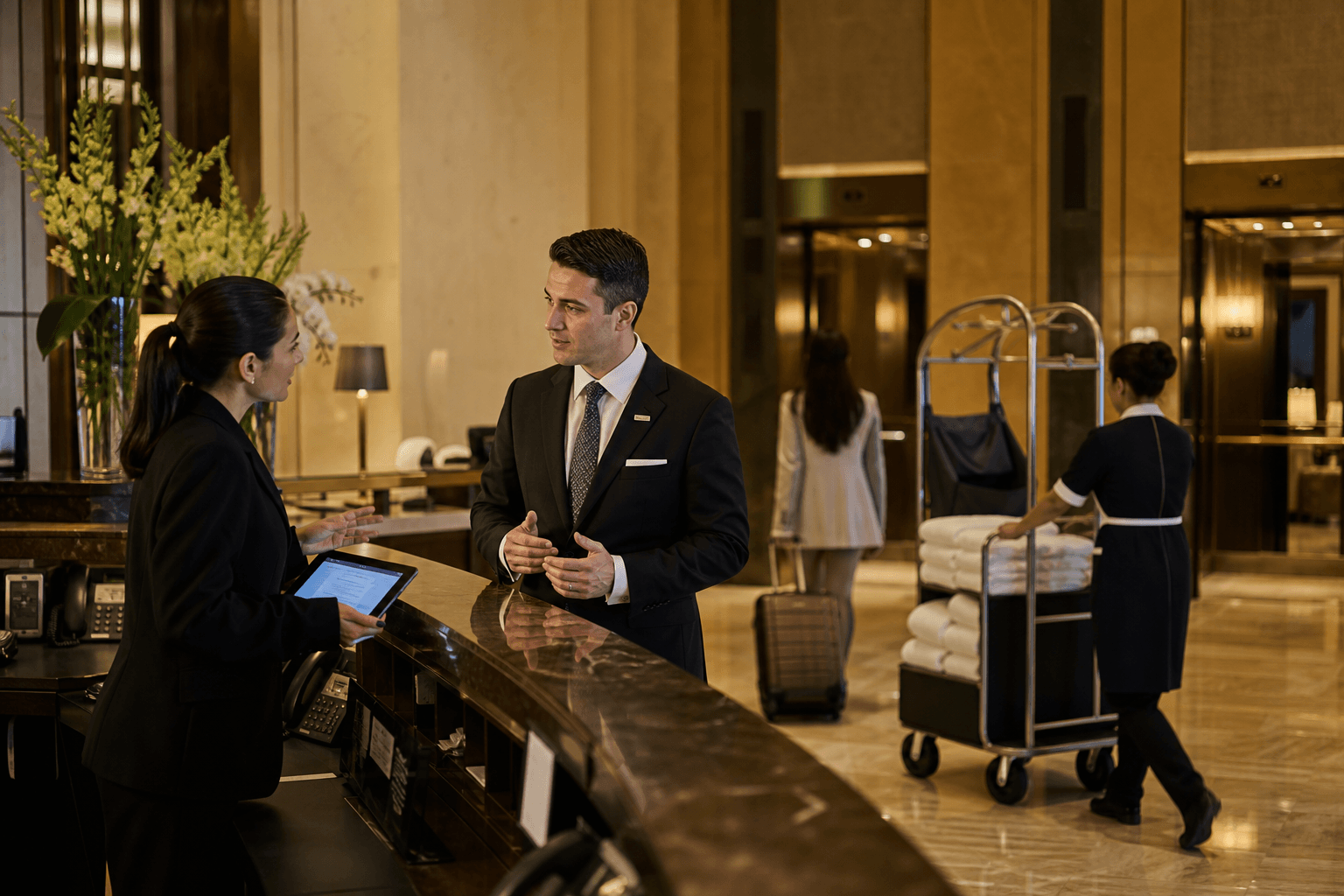 Hospitality professionals coordinating workforce and operations priorities