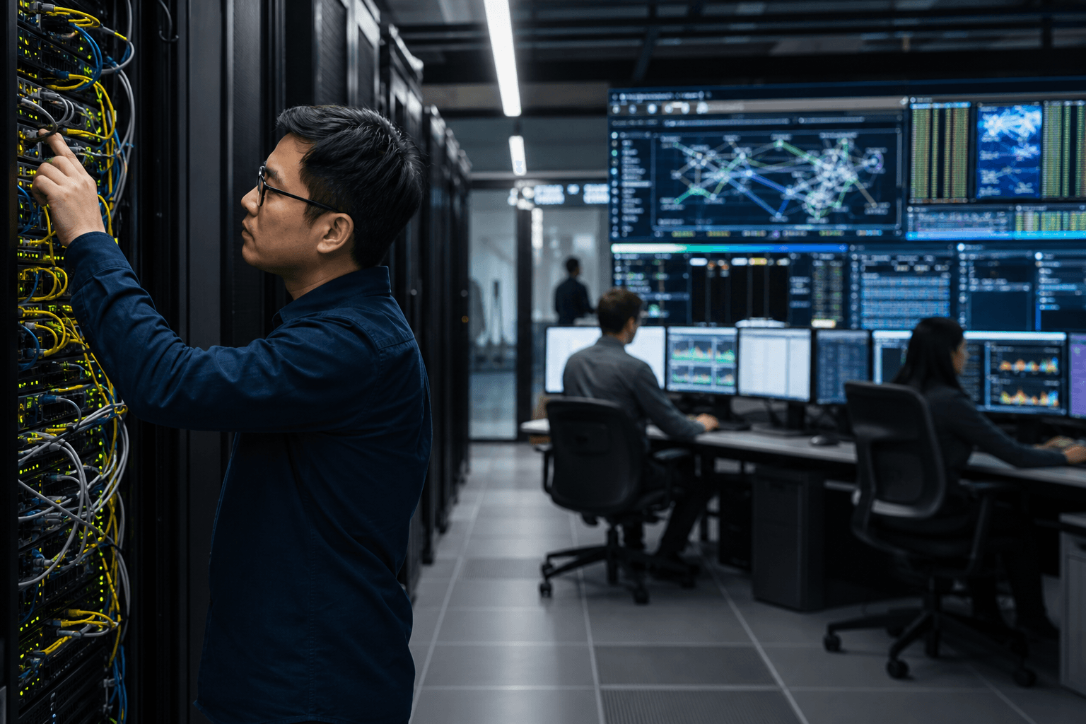 IT operations team working around server and cloud infrastructure equipment