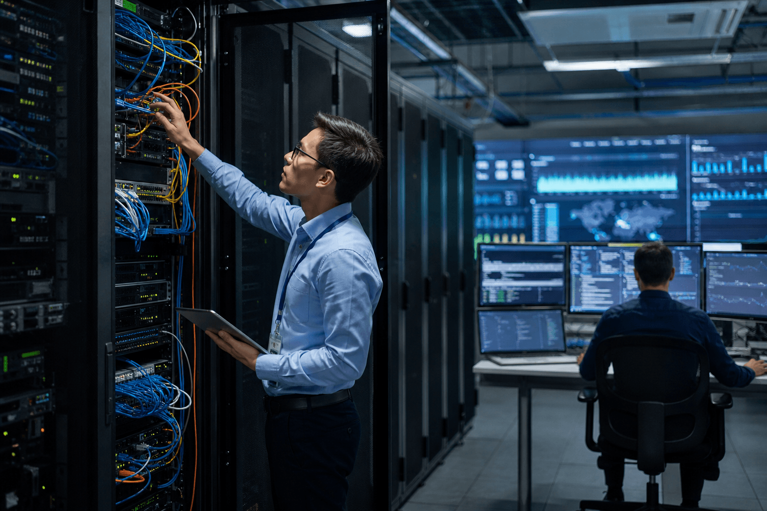 IT operations team working around server and cloud infrastructure equipment
