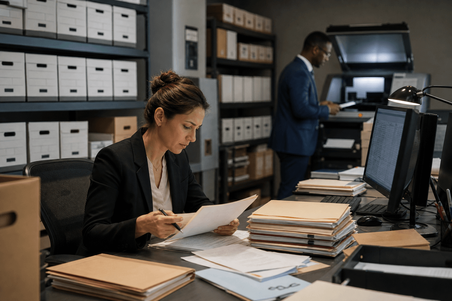 Legal operations team reviewing case and compliance workflow documents