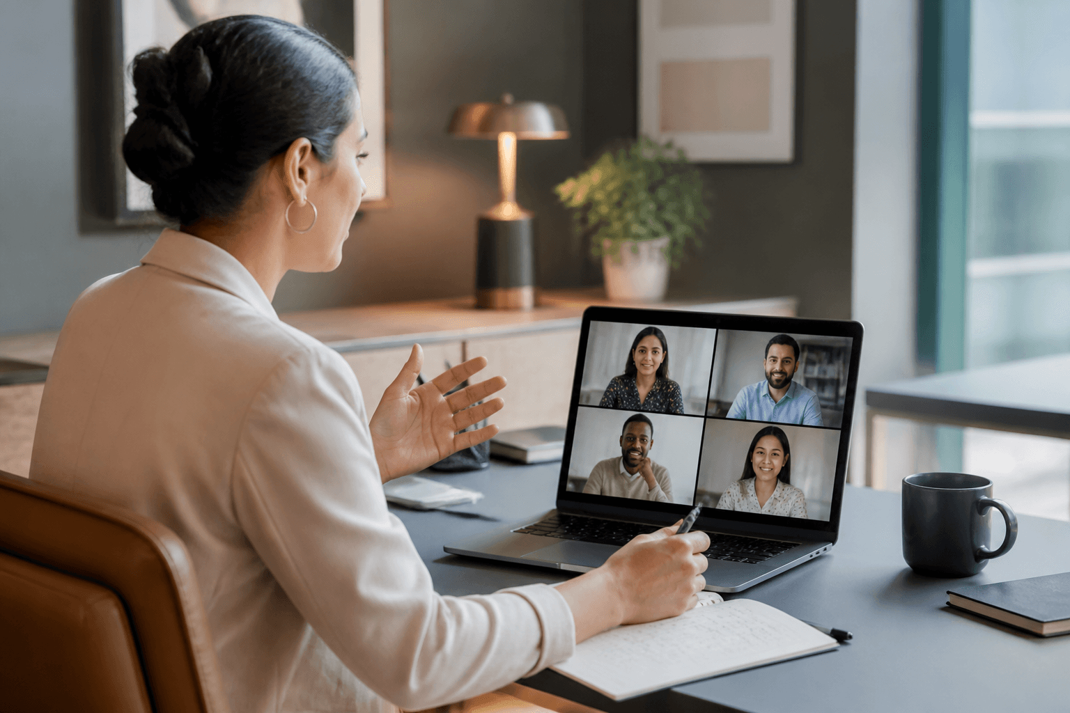 Distributed team collaborating in a modern workplace