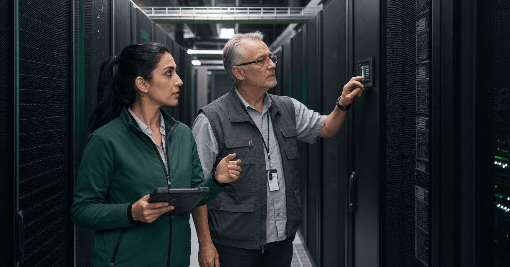 Data center reliability engineers inspecting enterprise infrastructure