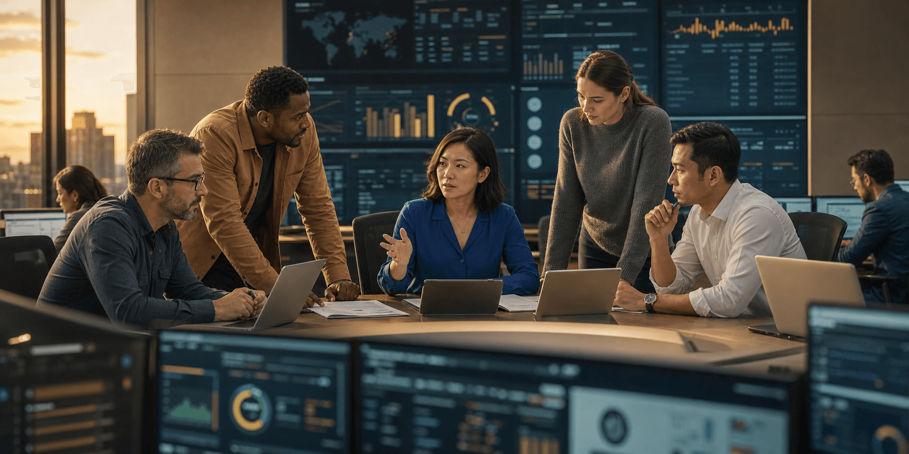 Cross-functional enterprise operations team coordinating live business workflows
